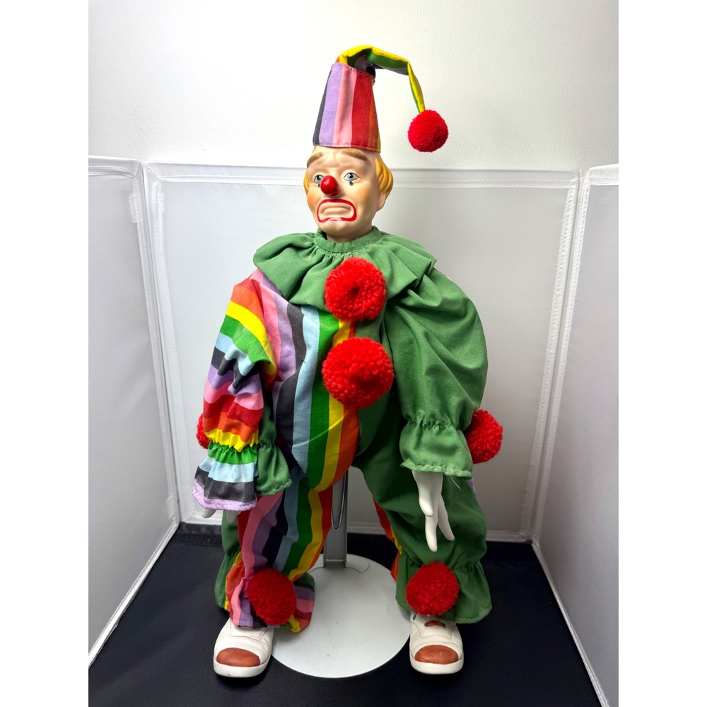 Vintage 17" Porcelain Clown Doll Rainbow Outfit Red Pom Poms Sad Clown